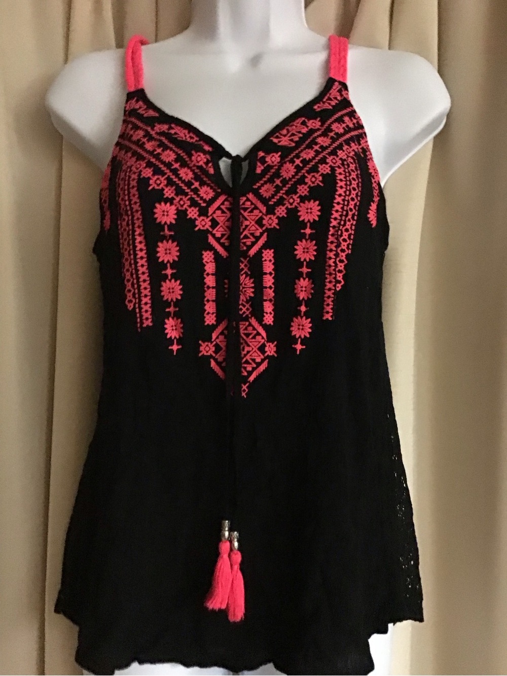 Black Tank Top with Neon Pink Embroidered Detail and Tassel